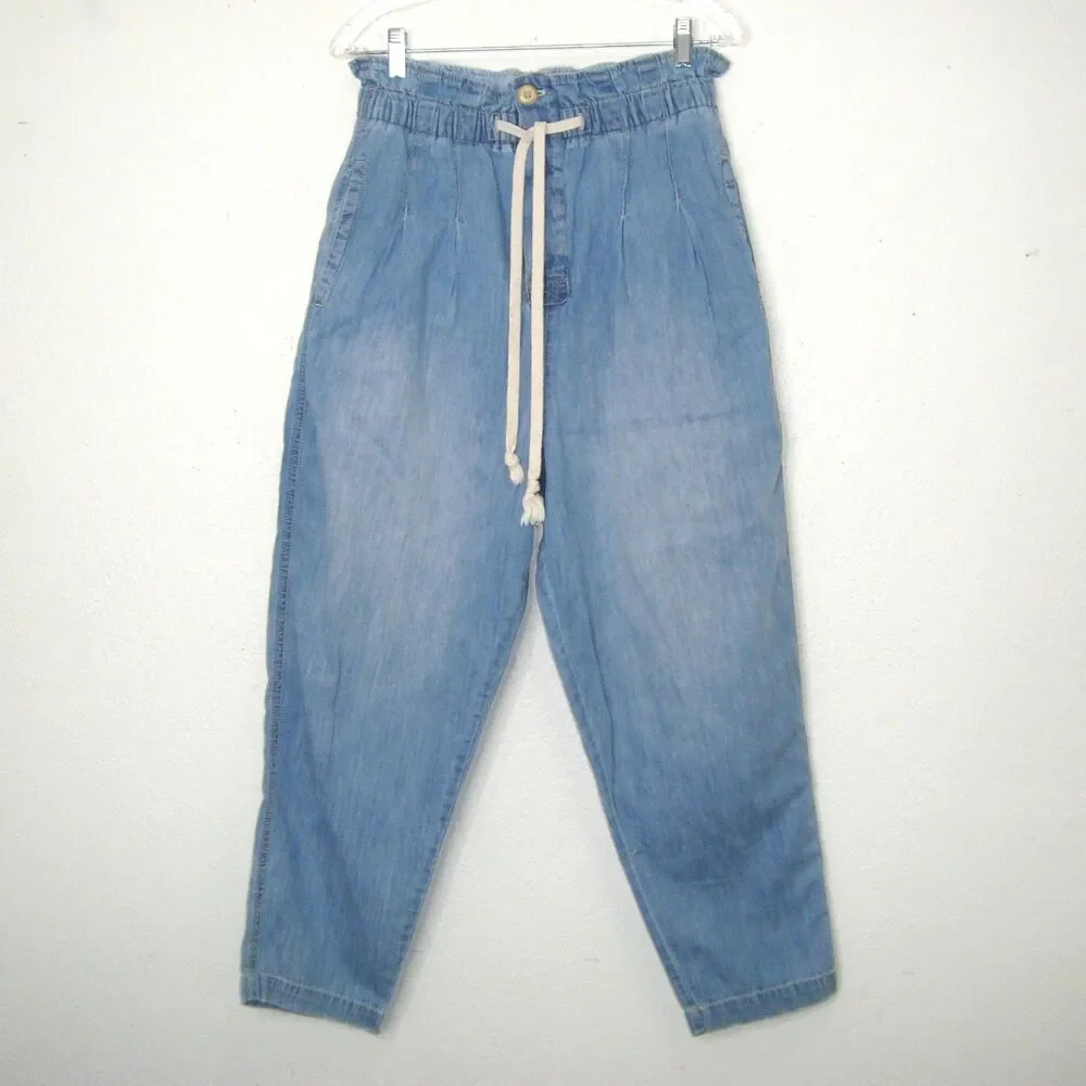 Free People Margate Pleated Paperbag Hemp Blend Button Fly Denim Pants